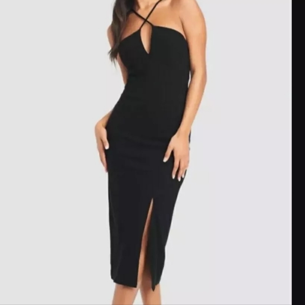 Bebe Dress Halter High Slit Midi V-neck Crisscross Straps Stretch Black NWT Sz S